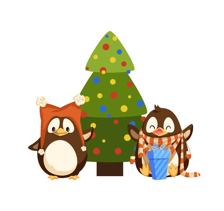 Penguins in hat with bubos and scarf with mittens near Christmas tree. Color balls and gift box, New Year present, winter holiday celebration vectorのイラスト素材