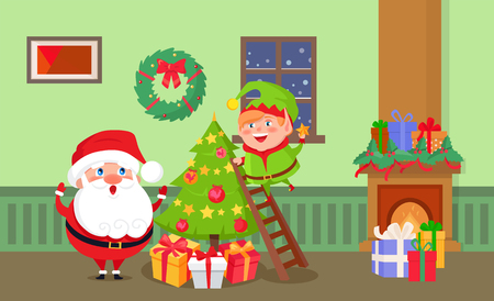 Merry Christmas Santa Claus and elf at home room vector. Winter characters decorating evergreen pine trees, fireplace with presents and gifts, wreathのイラスト素材