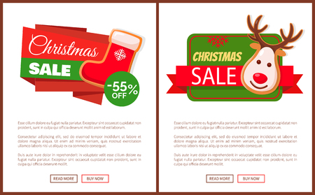 Christmas sale label red Santa stocking and gingerbread deer head discount price tag. Sock for gifts, total clearance, advertisement Xmas cookies vectorのイラスト素材