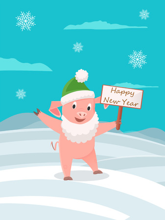 Cartoon pig in green hat and in Santa Claus beard with greeting card wishes Happy New Year. Piglet on winter landscape, snowflakes and hills of snow, vectorのイラスト素材