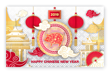 Happy Chinese New Year 2019 piglet symbol sign vector. Piglet with flora in circle, clouds and hand fan, architecture of Asia and Eastern countriesのイラスト素材