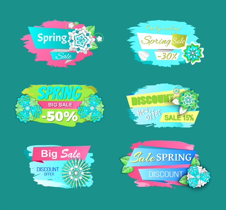 Spring big sale, new offer discounts with blooming flowers. Vector isolated price tag with springtime plants and half cost reduction, stickers iconsのイラスト素材