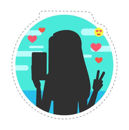 World blogger day woman taking selfies isolated icon vector. Lady making gesture peace sign, holding phone in hand, hearts and smileys likes adorationsのイラスト素材