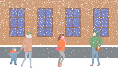 Mother and kid passing by building with windows vector. Street filled with people wearing warm clothes hurry to get home. Woman holding sack handbagのイラスト素材