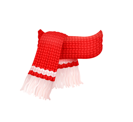 Red knitted scarf with white woolen threads isolated vector icon. Winter cachemire fashion handmade muffler, warm neckerchief accessory, wintertime clothのイラスト素材