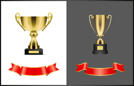 Gold award cups and ribbons for signature, different form trophy for competition reward isolated. Vector prize attributes, golden bows on standのイラスト素材