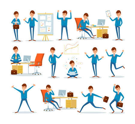 Man businessman characters in office, ceo at work vector. Director by table with computer, chief executive talking on phone. Worker with idea eurekaのイラスト素材