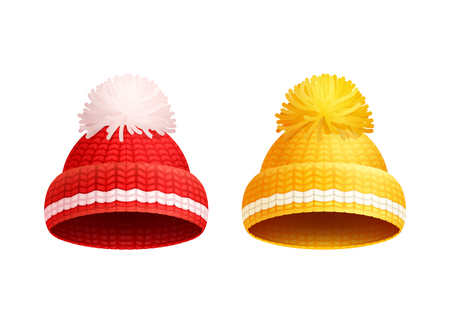 Knitted red and yellow hat with white pom-pom vector icons. Warm headwear items, winter cloth thick woolen chunky yarn, hand knitting crochet headdressesのイラスト素材