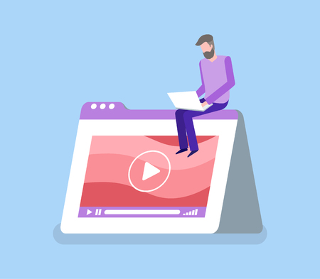 Man working with laptop, interface of video player, button play and turntable. Multimedia template with person isolated on blue with shadow vectorのイラスト素材