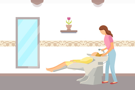Hairdressing salon, hair wash of client done by hairdresser. People in spa, woman having her head washed, styling new hairstyle in front of mirror vectorのイラスト素材