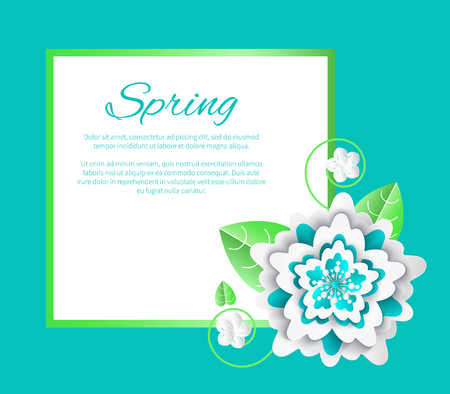 Spring flower and poster with text sample isolated banner vector. Floral decoration with petals and foliage frondage. Green frame star shaped plantのイラスト素材