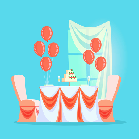Wedding or banquet table with cream cake and champagne vector. Balloons and festive tablecloth, plates and glassware, window with curtain, furnitureのイラスト素材