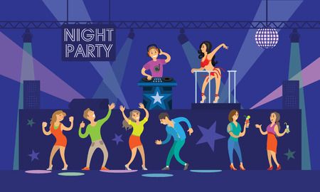 Night party people dancing on DJ music partying vector. PJ wearing special costume moving, woman friends drinking cocktails with straws, sweet drinksのイラスト素材