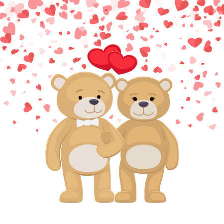 Male and female plush toys celebrating Valentines Day. Happy teddy bears family holding red heart in paws, isolated on background of symbols of loveのイラスト素材