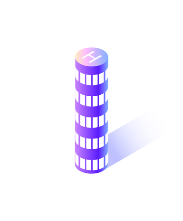 Skyscraper of rounded shape, modern city isolated icon vector. Building with place for helicopter to land, roof with H sign for copters landing smart townのイラスト素材