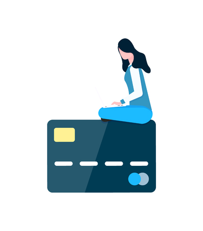 Woman sitting on big credit card with numbers vector. Personal information of user, payment plastic object with money, isolated character shopping onlineのイラスト素材