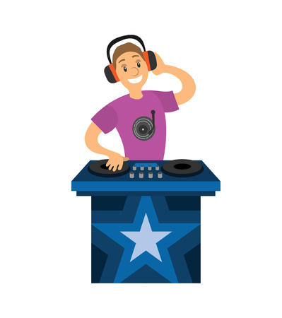 DJ boy character mixer making music and having fun. Night club disco bar and smiling man in headphones holding disc isolated on white cartoon vectorのイラスト素材