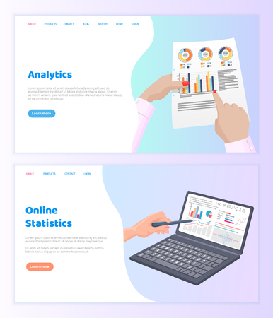 Online statistics paper documentation website vector. Visual representation of information, internet technologies graphs with data in infographics. Webpage template, landing page in flat styleのイラスト素材