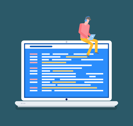 Laptop with open web page, working desktop. Man in headphones sitting on monitor with tablet. Workplace with gadget, modern tech and equipment vectorのイラスト素材