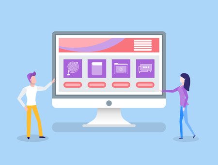 Online education computer with home assignments vector. Knowledge obtaining, man and woman student looking at screen with information and study filesのイラスト素材