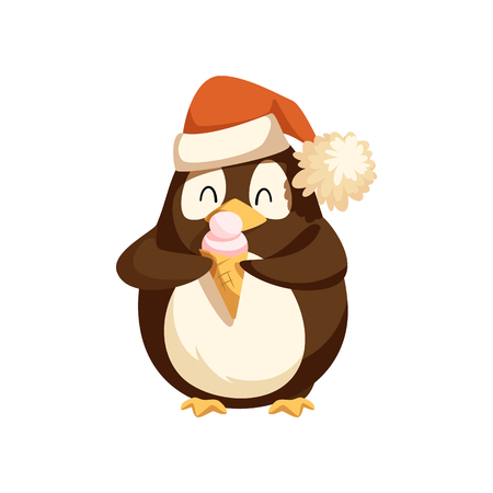 Cute Arctic penguin in Santa hat with ice cream. Wild bird with dessert in waffle cone. North pole animal with Christmas accessory and food vector.のイラスト素材