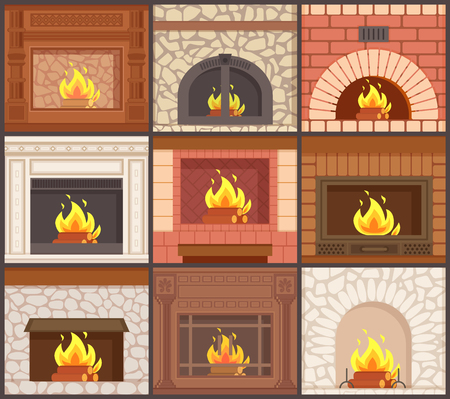 Fireplaces set different shapes and types of stoves vector. Furnaces made of stone, redbrick or wooden material, burning logs, classic style of decorのイラスト素材