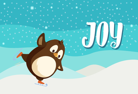 Joy greeting card with penguin on skates, vector animal. Flightless bird skating, wintertime landscape. Arctic winter Christmas activity, cartoon characterのイラスト素材