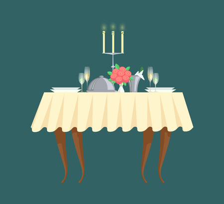 Restaurant table with candlestick and cutlery vector icon. Plates with glasses and bouquet, champagne in bucket with ice, romantic dinner or banquetのイラスト素材