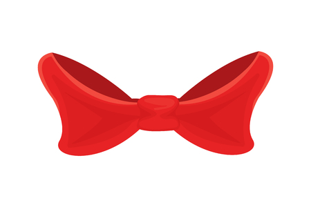 Red bow isolated on white. Single gift knot of ribbon in flat style design. Vector cartoon illustration of bowtie from wide strip, decorative elementのイラスト素材