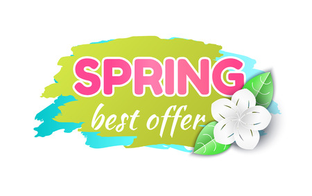 Spring best offer reduction of price banner isolated icon vector. Brush style, text sample and flower in bloom. Cost lower, clearance shop promotionのイラスト素材
