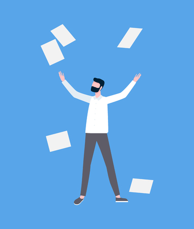 Man in casual clothes throwing up pages. Portrait view of standing person on blue with falling empty sheets of paper, worker and documents flat vectorのイラスト素材
