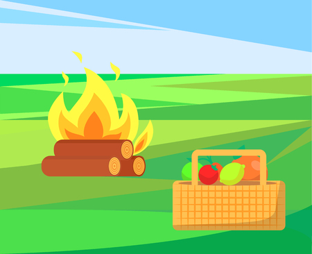 Bonfire with basket and apples, fruits and veggies vector. Container with vegetables, meal harvest of summer. Outdoor activities, camp and picnicのイラスト素材