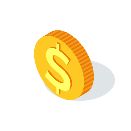 Golden coin with dollar sign isolated on white, crowdfunding. Profit and credit symbol, business concept. Finance and cash, credit payment and investmentのイラスト素材