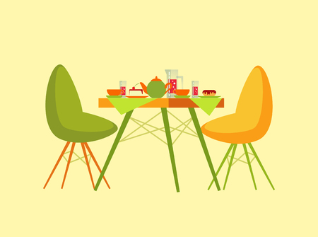 Restaurant table with dessert, plates and dishes and beverage vector. Kettle teapot with glasses containing water, cuisine meal, cake with cherryのイラスト素材