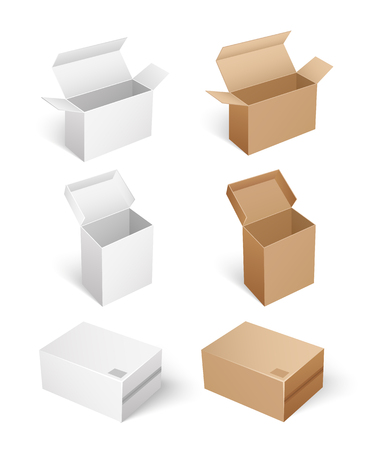 Square shaped carton boxes for products keeping and storage. Compact products for shipping. Package with caps empty containers isolated icons set vectorのイラスト素材