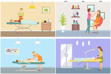 Body wrapping procedure for slimming and visage makeup. Cosmetician facial therapy treatment of skin, chocolate spa by skillful professional vectorのイラスト素材