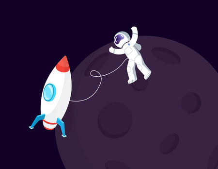 Spaceman in spacesuit and spaceship near Moon vector. Space or cosmos, cosmonaut or astronaut in weightlessness and spacecraft, Earth natural satelliteのイラスト素材