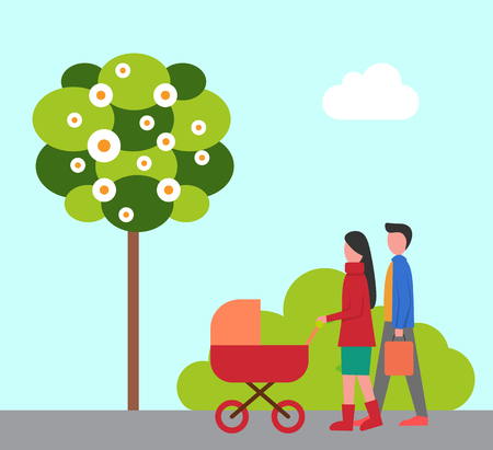 Man and woman walking with pram, young parents. Flat view of green park, tree and bush, cloudy sky. Mother and father going outdoor with buggy vectorのイラスト素材