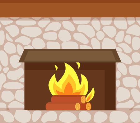 Burning fire, wooden logs and fireplace made of stone closeup vector. Flame in hearth at base of chimney, brick wall, home construction of decorative pavingのイラスト素材