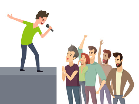Music character performing for crowd of fan people vector. Man with mike on stage expressing talent, audience listening to male vocalist musicianのイラスト素材