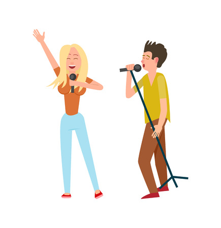 Musicians man and woman, singing together duo vector. Female and male performers holding microphones, entertainment concert. Blonde and brunette vocalistsのイラスト素材