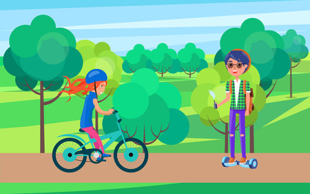 Students teenagers on bike and hoverboard vector. Female and male teen people in park, biker wearing helmet and person riding gyroscooter with vapeのイラスト素材
