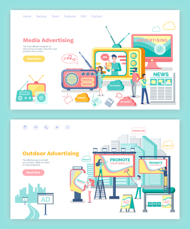 Outdoor and media advertising webpage or web site template vector. TV set and monitors, roadside or city banners, newspaper and radio landing page flat styleのイラスト素材