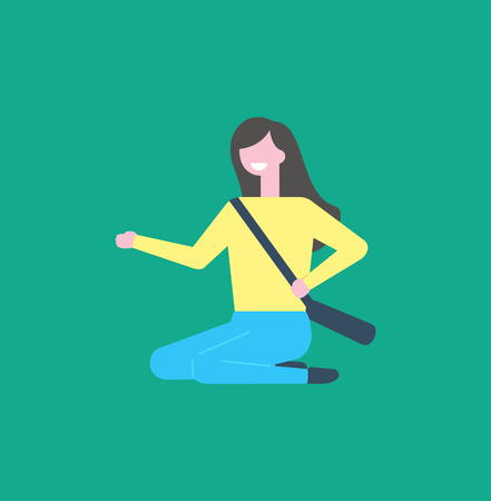 Smiling woman in yellow sweater and blue trousers, bag over shoulders vector cartoon person. Girl sitting on floor and pointing on something by hand,のイラスト素材