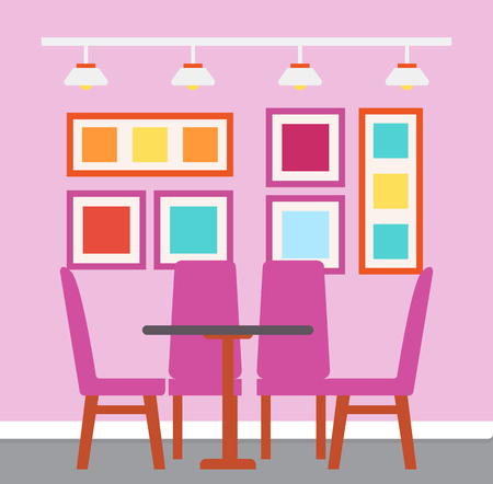 Interior of cafe with colorful design vector. Table and chairs, decoration abstract picture on walls, lamps placed on metal stick. Bright place to dinnerのイラスト素材