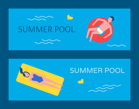Summer swimming pool posters set vector. Man sitting in lifebuoy, woman on mattress. Chicken plastic toy decoration in basin water, people on vacationのイラスト素材
