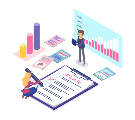 Analytics and statistics of business plan vector. Tasks and fulfillment, info charts and infographics, teamwork and schemes showing results of projectのイラスト素材