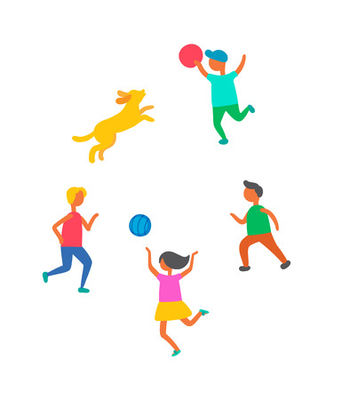Children playing in ball with dog pet outdoors vector isolated. Cartoon style kids boys and girl play with canine animal, happy childhood conceptのイラスト素材