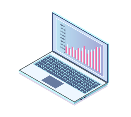 Computer with Infocharts of business project vector. Isolated isometric 3d icon with laptop and data shown on screen. Graphics and info, statisticsのイラスト素材