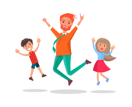 Merry father and kids jumping of fun isolated. Vector dad, son and daughter having fun together. Male parent and children joyfully leaping, happy childhoodのイラスト素材